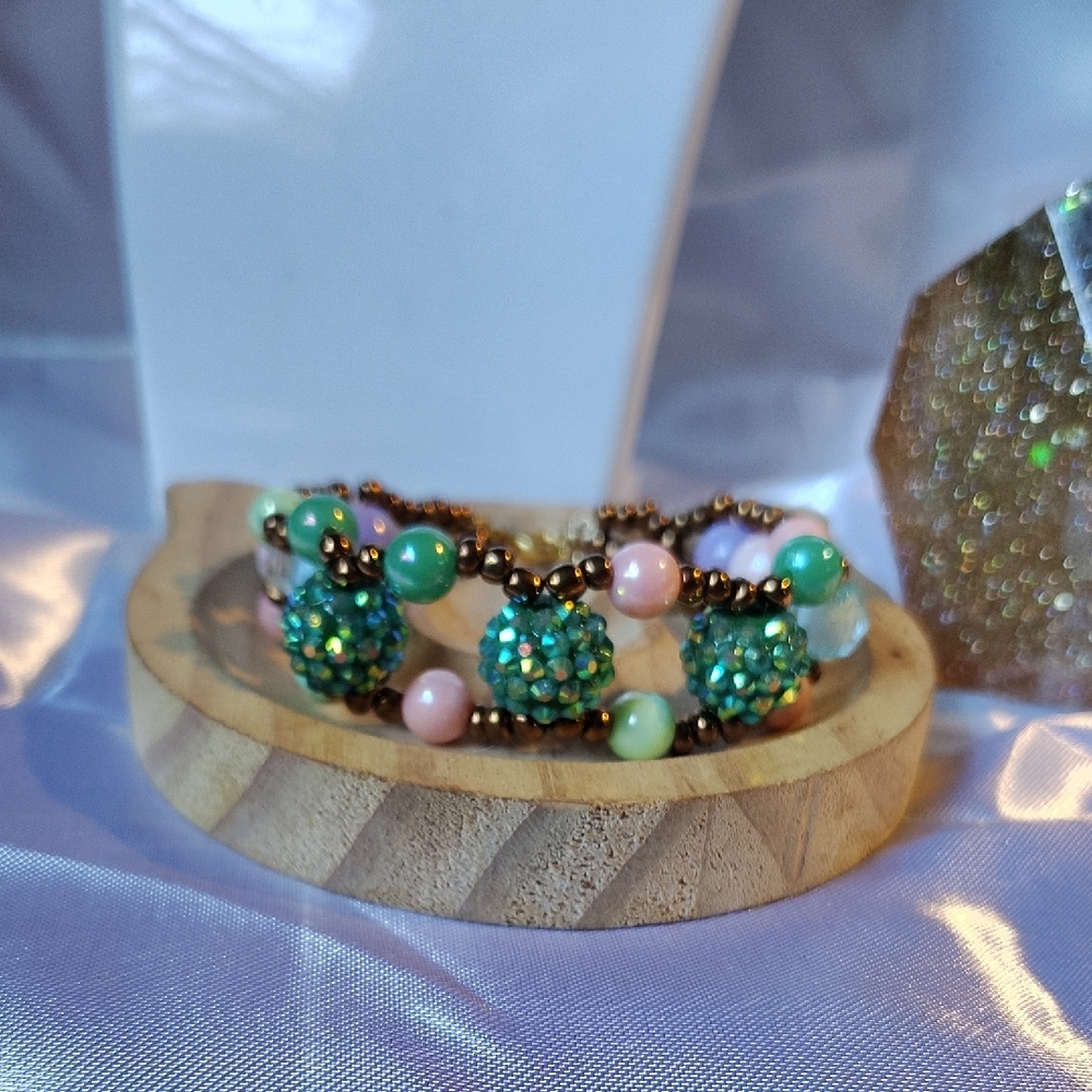 Green and Pink Bracelet with Iridescent Beads and Antique Metalwork